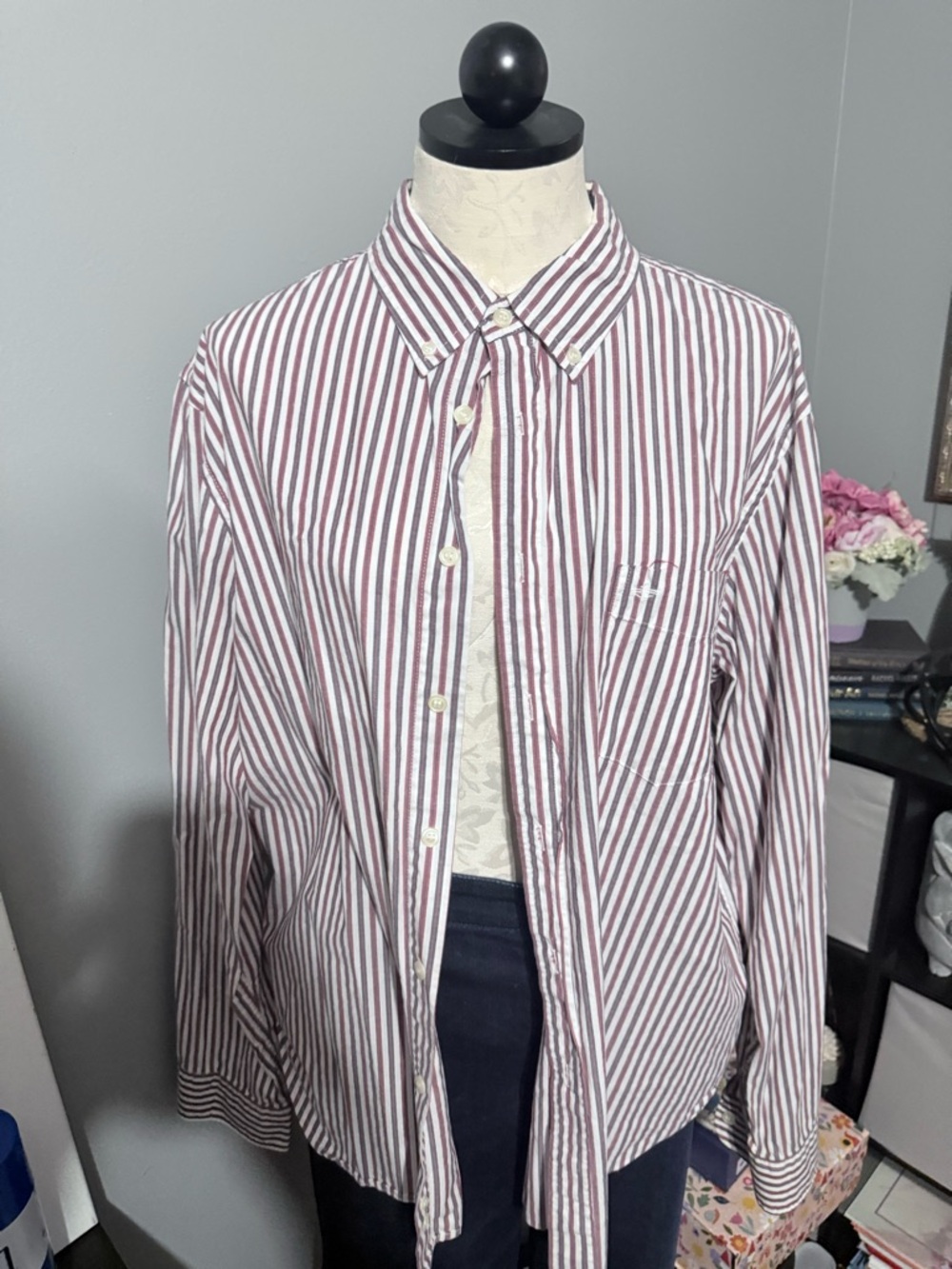 Dockers Men’s Burgundy and White Striped Button-Down Shirt
